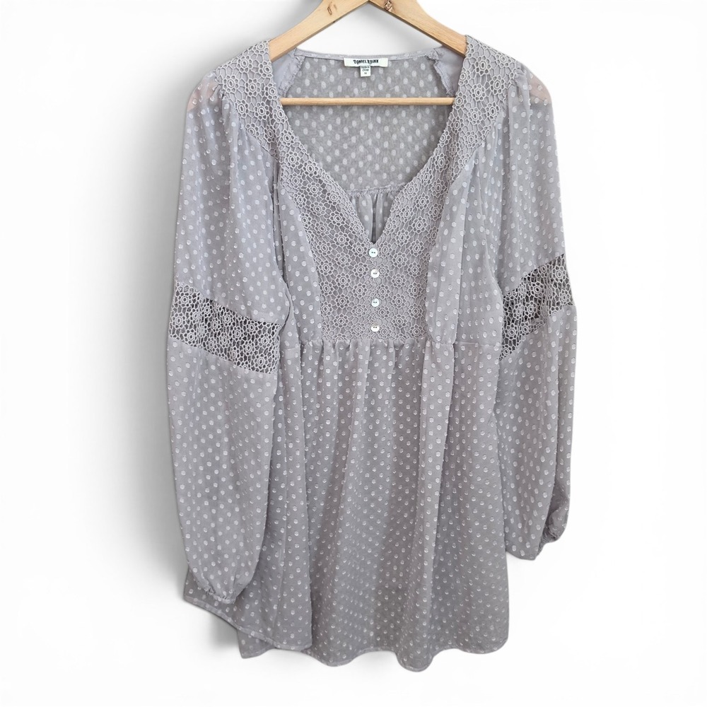 Daniel Rainn Top Womens Plus 1X Gray Swiss Dot Sheer Peasant Blouse Casual‎
